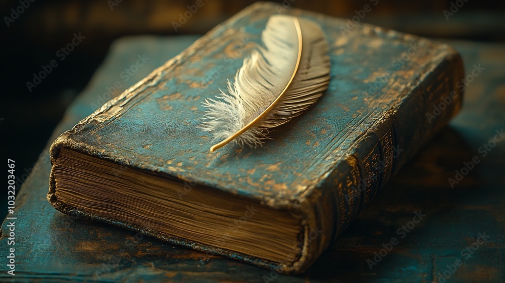 Poster antique book with a delicate feather standing in its pages set against a shadowy background creating
