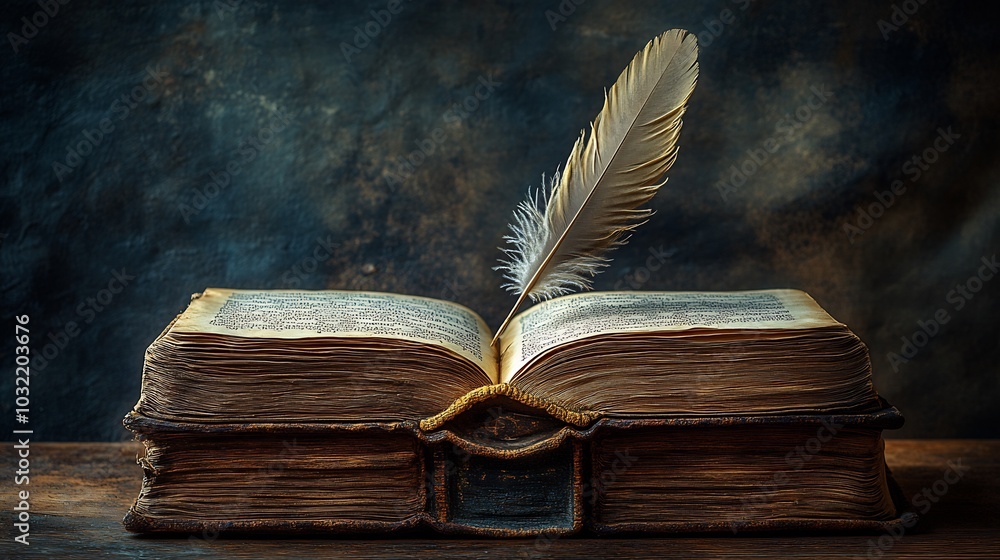 Poster antique book with a delicate feather standing in its pages set against a shadowy background creating
