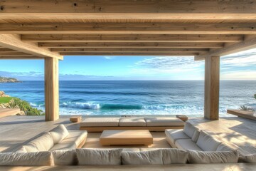 Fototapeta premium A serene coastal view from a modern wooden structure, featuring comfortable seating and a beautiful ocean backdrop.