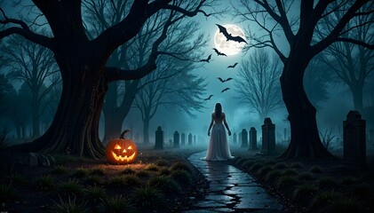 Dark, foggy night Halloween background concept with a glowing jack-o'-lantern, eerie graveyard, bats flying under a full moon, and a mysterious woman in white. Perfect for spooky, atmospheric designs.