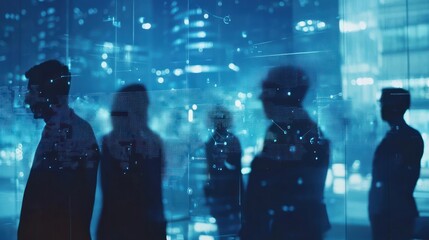 Silhouettes of business professionals in blue-toned office, digital network overlay suggests technology and connectivity.