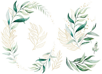 Oval frame and bouquet with green watercolor leaves, isolated wedding illustration, copy space