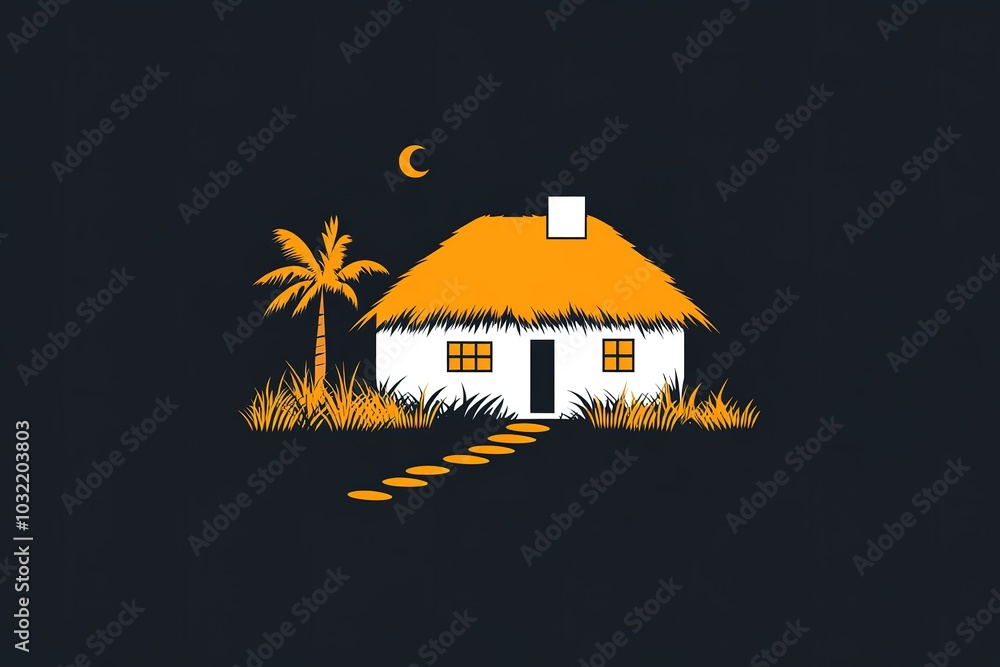 Poster a house with a palm tree in front of it