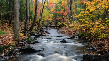 A small stream flows through a forest with vibrant autumn foliage.