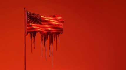 The image features a dripping American flag against a bold red background, conveying a powerful and provocative message.