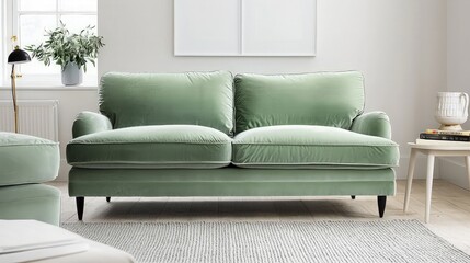 A sage green velvet sofa with wooden legs in a modern living room with a white wall and a window.