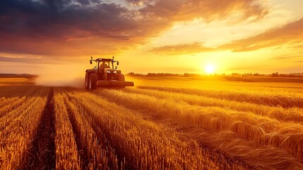 Obraz premium Tractor Driving Through Golden Wheat Fields at Vibrant Sunset in Scenic Rural Farming Landscape