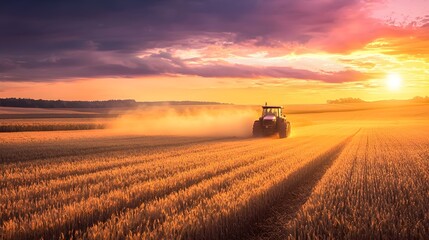Fototapeta premium Tractor Traversing Golden Wheat Fields at Vibrant Sunset in Rustic Farming Landscape