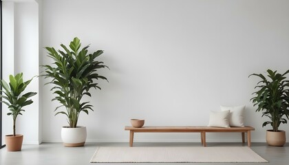 A minimalist living room with a large white wall, a potted plant, a wooden stool, and a wooden bench.