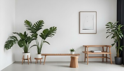 A minimalist living room with a large white wall, a potted plant, a wooden stool, and a wooden bench.