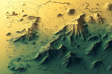 A three-dimensional topographic map with mountainous terrain shaded in green and yellow tones creating a realistic geographical representation
