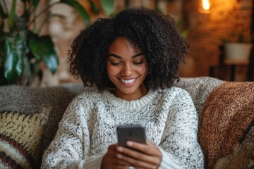 Cheerful black woman using smartphone shopping online, holding credit card, making payment while sitting on sofa, Generative AI