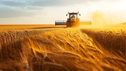 Fototapeta premium Powerful Tractor Plowing Through Golden Wheat Field at Sunset