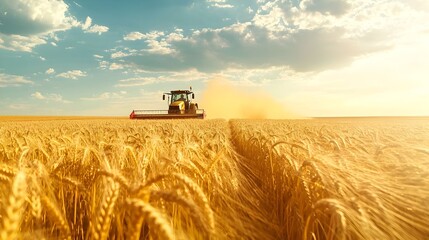Fototapeta premium Tractor Plowing Through Vast Field of Golden Wheat at Sunset