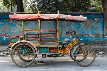 Fototapeta premium Colorful cycle rickshaw with a faded paint job is parked on the side of a street in delhi, india