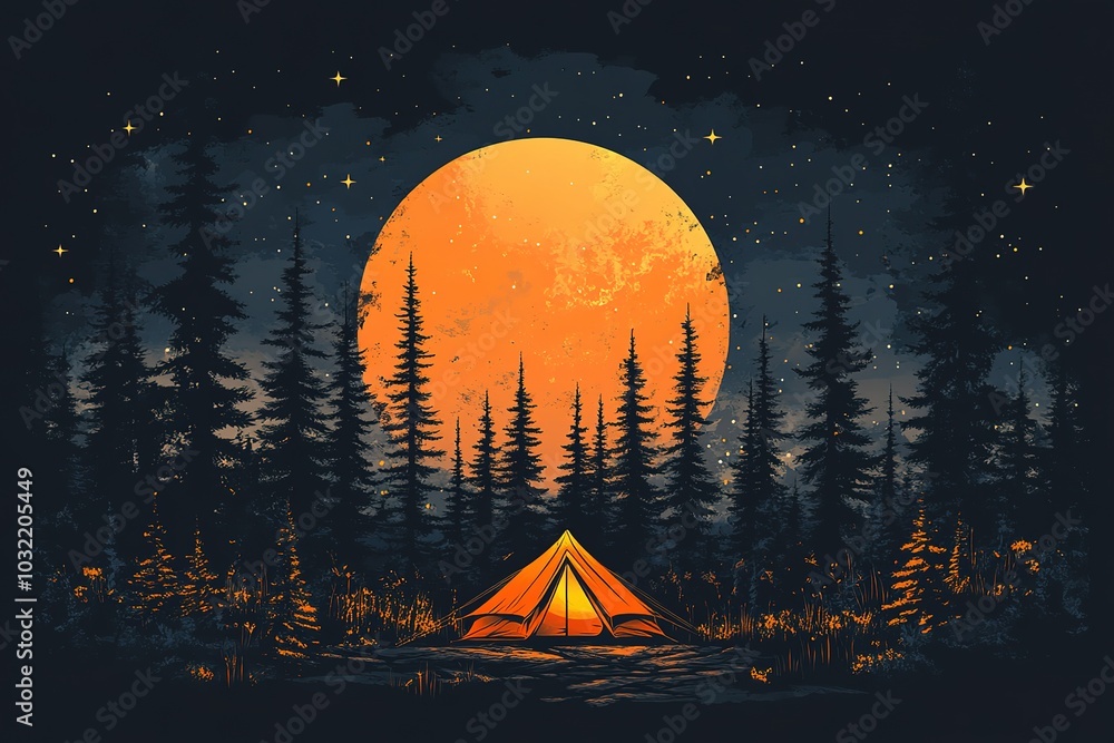 Poster a tent is set up in a forest with a large orange moon in the background