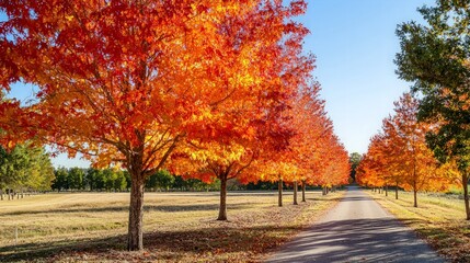 Naklejka premium A row of vibrant red and orange trees line a paved road, with golden autumn leaves scattered on the ground.