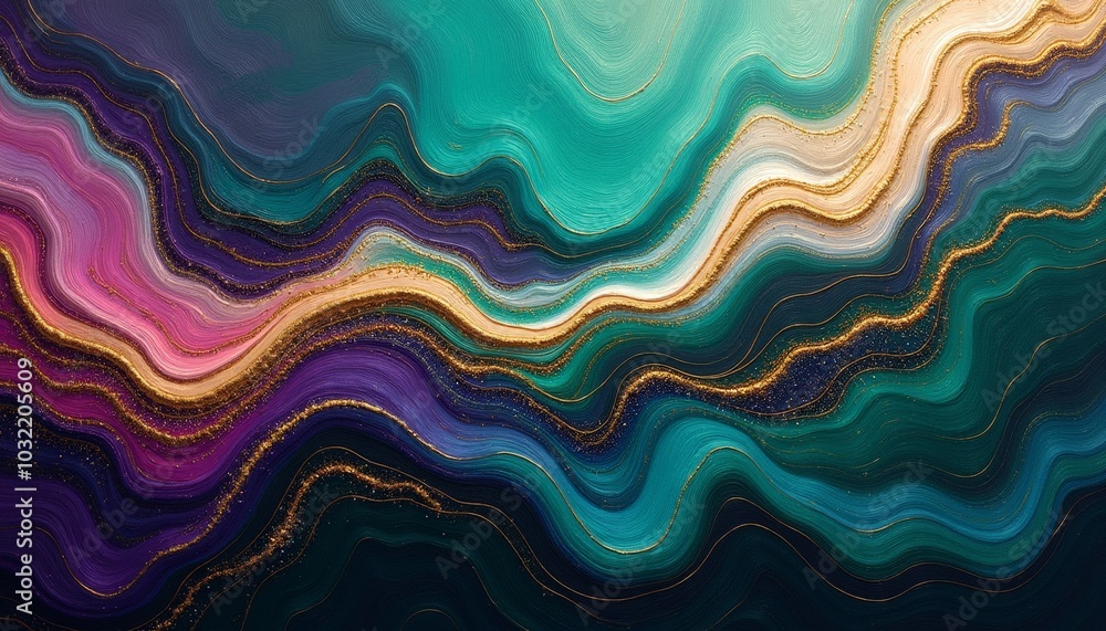 Poster a mesmerizing display of fluid patterns blends teal, purple, and gold, creating a dynamic and textur