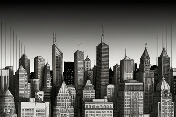 Monochrome City Skyline with Modern Skyscrapers - Sleek Black and White Urban Silhouette