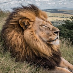 Naklejka premium Majestic Male Lion With Flowing Mane Soaking Up the African Sun, Serengeti National Park