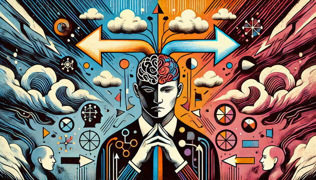Dual Mind Pathways, A visual representation of split decision-making with opposing pathways, reflecting the complexity of thought, cognition, and choice