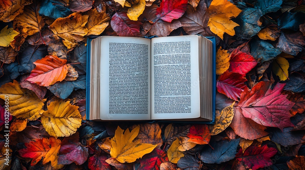 Poster artistic autumn flat lay with colorful fallen leaves elegantly arranged around an open white blank b