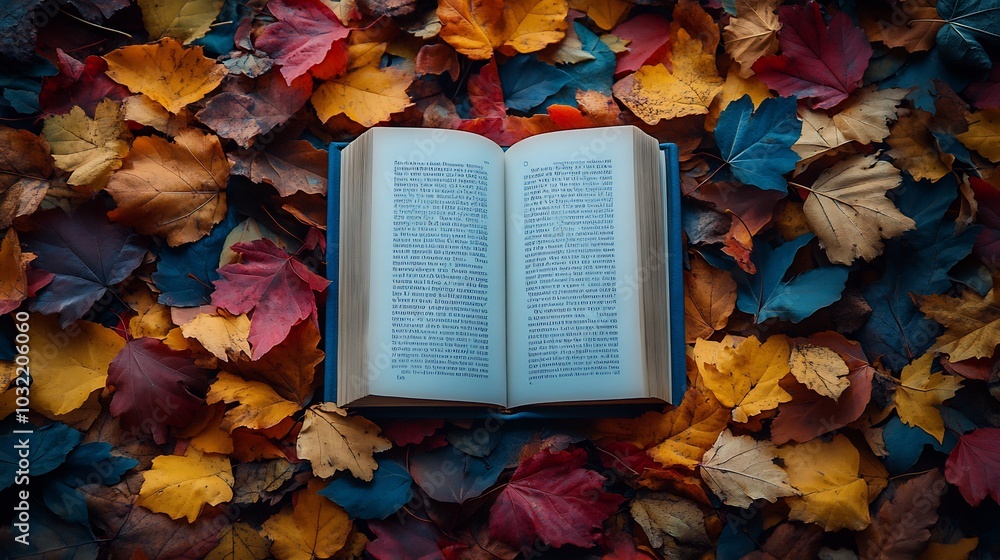 Poster artistic autumn flat lay with colorful fallen leaves elegantly arranged around an open white blank b