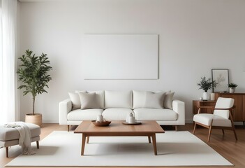 A modern living room with a white sofa, a wooden coffee table, and a large blank wall above the couch.