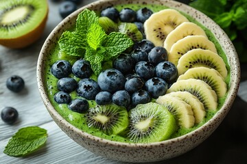 A bowl of green smoothie with blueberries and kiwi - Powered by Adobe