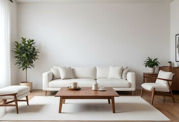 A modern living room with a white sofa, a wooden coffee table, and a large blank wall above the couch.