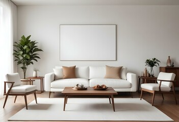 A modern living room with a white sofa, a wooden coffee table, and a large blank wall above the couch.