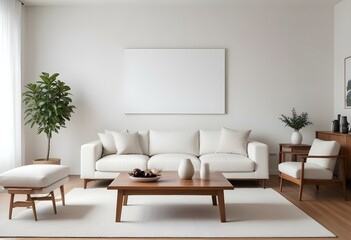 A modern living room with a white sofa, a wooden coffee table, and a large blank wall above the couch.