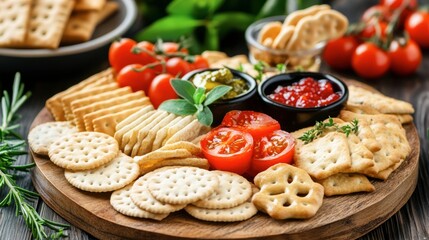 Assorted Crackers and Tomatoes on Wooden Serving Board