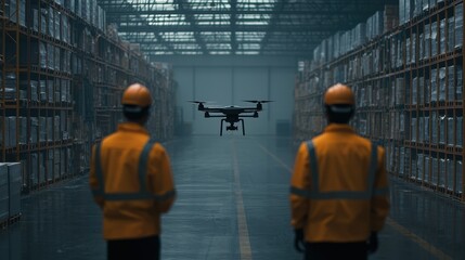Drone flying in a warehouse with workers observing, modern technology in logistics.