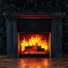 Elegant fireplace with vibrant flames and dark stone surround, warm ambiance.