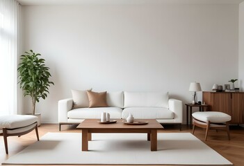A modern living room with a white sofa, a wooden coffee table, and a large blank wall above the couch.