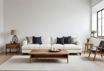 A modern living room with a white sofa, a wooden coffee table, and a large blank wall above the couch.