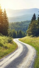 Fototapeta premium Empty Winding Road Through Lush Green Forest in Mountainous Landscape. Scenic Summertime View.