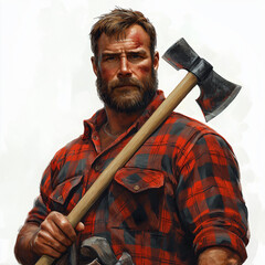 Bearded lumberjack in red flannel holding axe