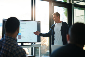 Business man, presentation and point at screen in office meeting with group for b2b strategy,...