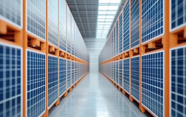 Fototapeta premium Solar panels arranged in a clean indoor facility with bright lighting.