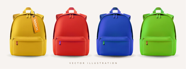 Bright colorful school bags. Back to school mockups. Vector 3d illustration with red, green, yellow and green backpacks. Educational banner design