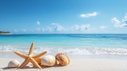 Starfish shell shoreline background on summer sunny beach