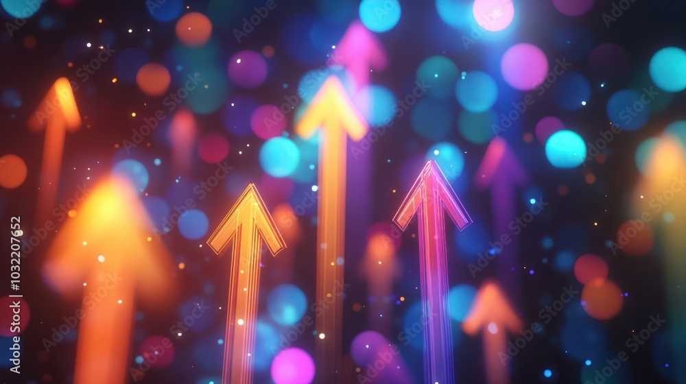 Poster vibrant arrows shoot upwards through a colorful, illuminated bokeh backdrop, symbolizing progress an