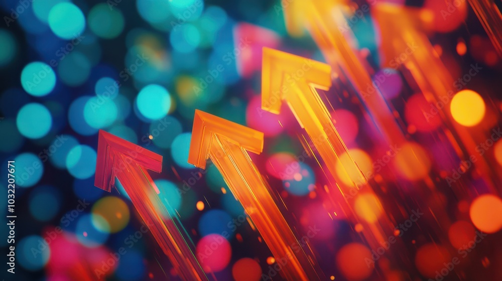 Poster vibrant arrows shoot upwards through a colorful, illuminated bokeh backdrop, symbolizing progress an