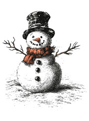 透明な背景、クリスマス装飾クリップアート、レトロな冬のアート デザイン、印刷用休日グラフィックスのヴィンテージ雪だるまイラスト ベクトル PNG