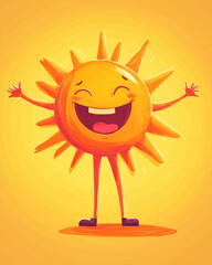 Retro groovy sun character. Isolated cartoon vector sunny personage with a big, joyful smile, vibrant rays beaming, arms outstretched, exude summer warmth and happiness with positive facial expression