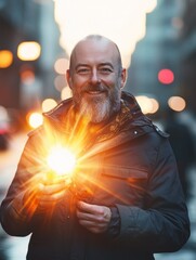 Obraz premium Man with candlelike light against urban backdrop.