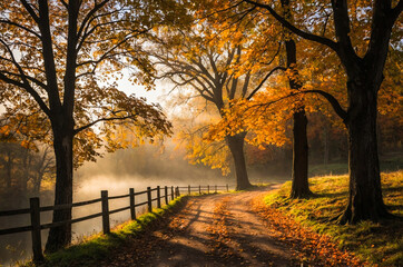 Fototapeta premium Autumn landscape background. Sunny day in the park with yellow leaves and fog.