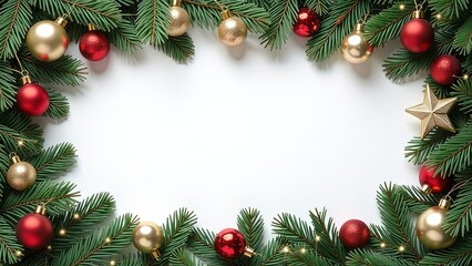 christmas frame with christmas tree branches and balls, white background